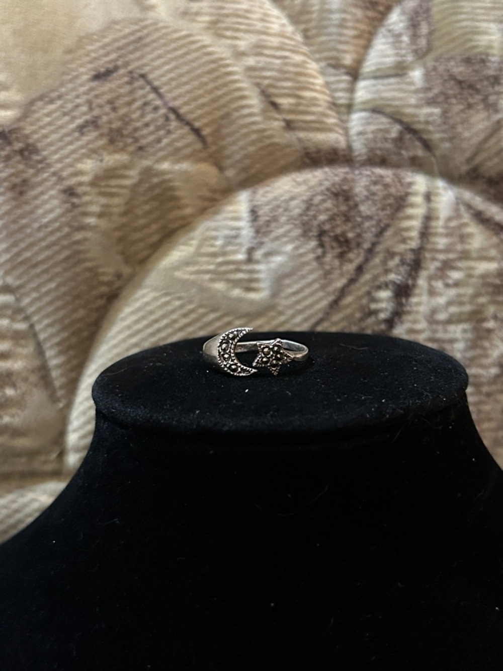 Vintage 925 Sterling Marcasite Silver Moon & Star Ring - Size 7